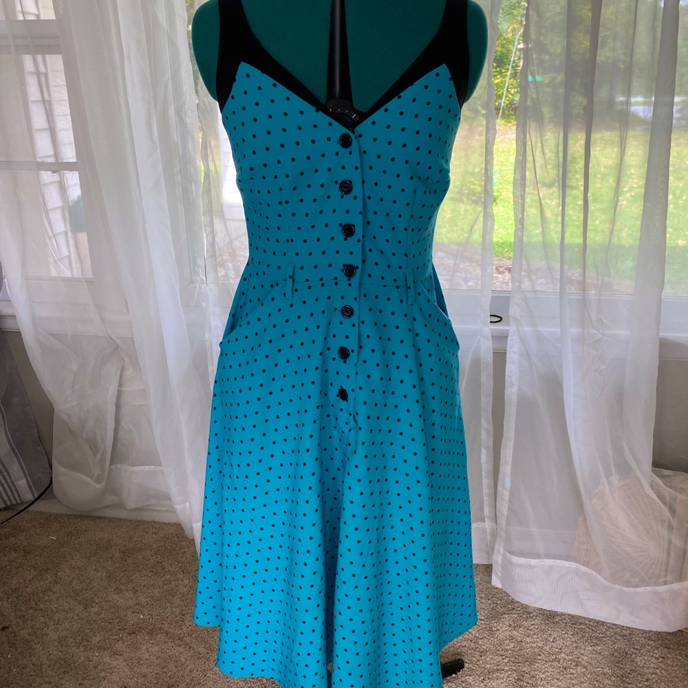 Tatyana retro blue and black polka dot swing dress